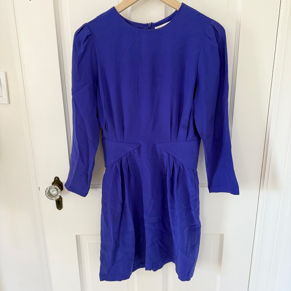 Amanda Uprichard Silk Long Sleeve Waist Detail Mini Dress Royal Blue Small S